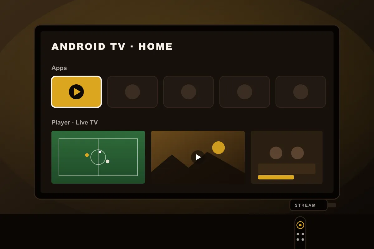 Android TV home screen with a player app and a remote