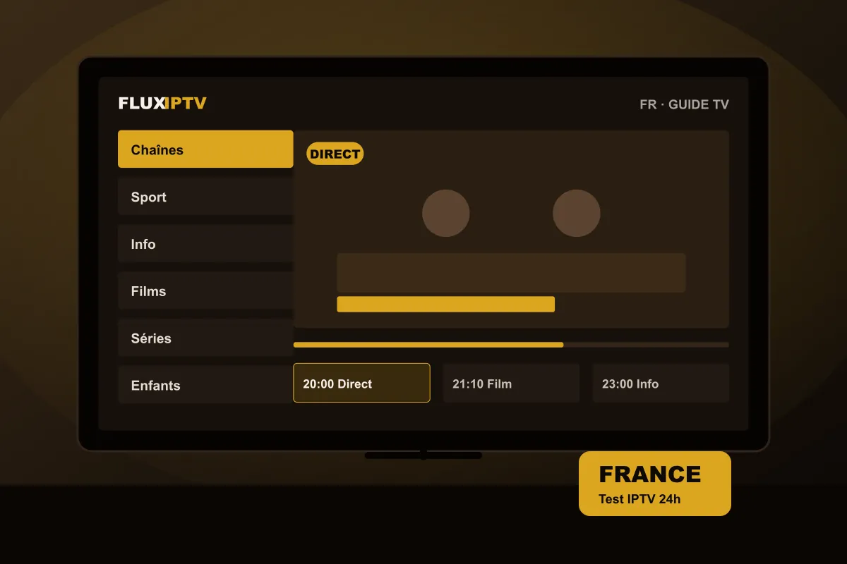 Téléviseur affichant des catégories de chaînes en français pendant un test IPTV