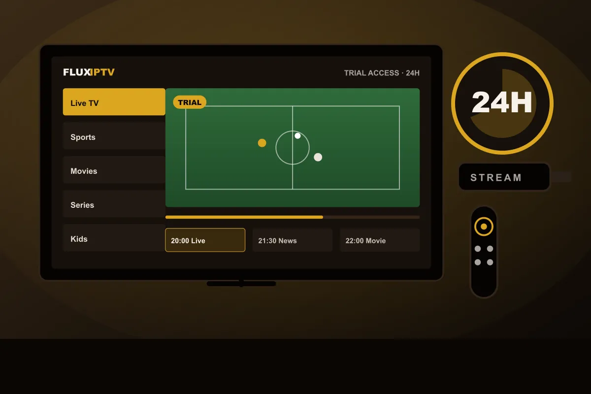 Streaming stick and remote next to a TV showing a 24-hour trial timer for IPTV USA