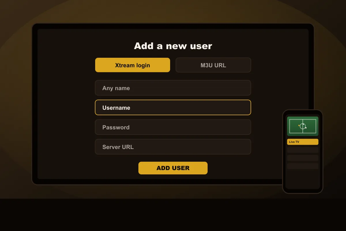 IPTV player login screen with Xtream login and M3U URL options, as used in IPTV Smarters