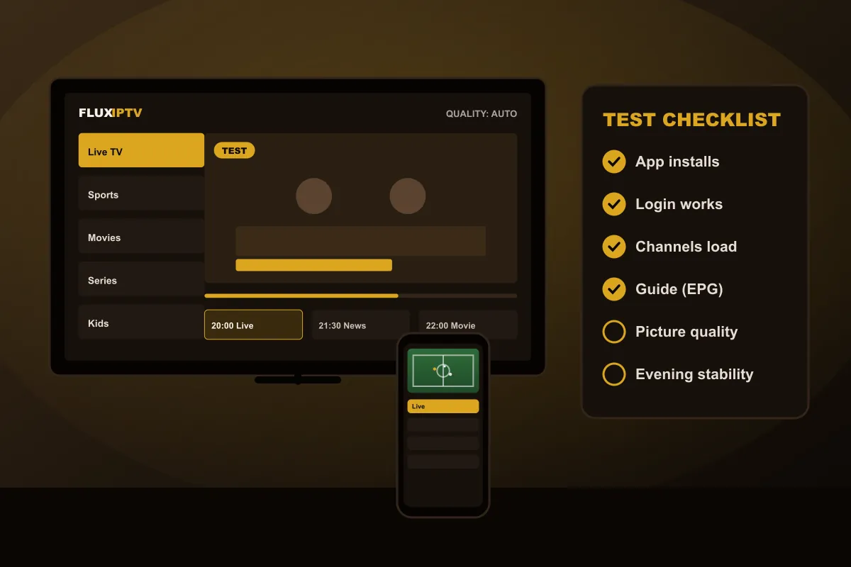 TV with a test badge next to a checklist: app, login, channels, guide, quality and evening stability